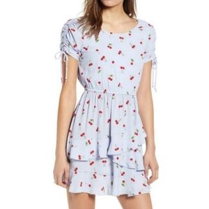 Nordstrom Speechless Blue Fruit Cherry Print Cinch Tie Sleeve Ruffle Mini Dress
